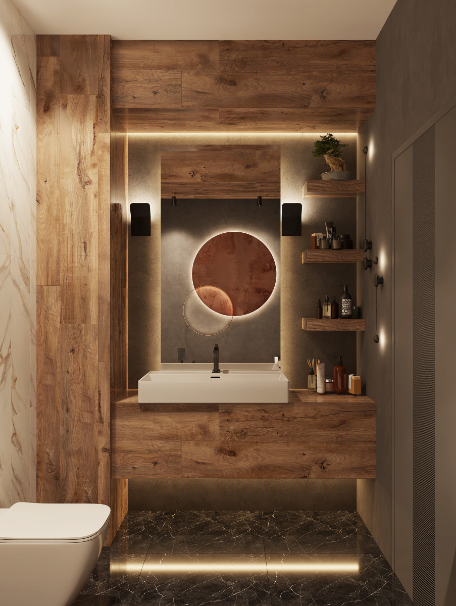 Modna łazienka 2022 roku w drewnie z płytkami Azario Bataro Marrone